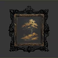 Ornate Black Carved Frame With Golden Tree Painting And Dark Background