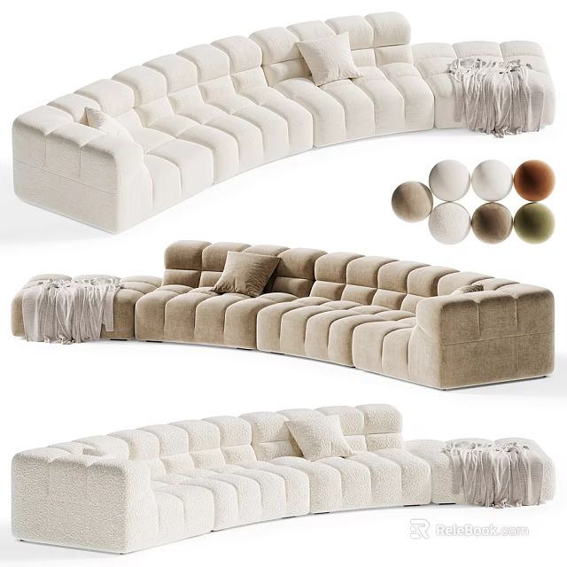 Curved Double Sofa With Tufted Design Beige Light Brown Fringe Details 3d model 