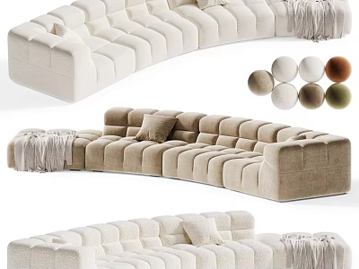 Curved Double Sofa With Tufted Design Beige Light Brown Fringe Details 3d model