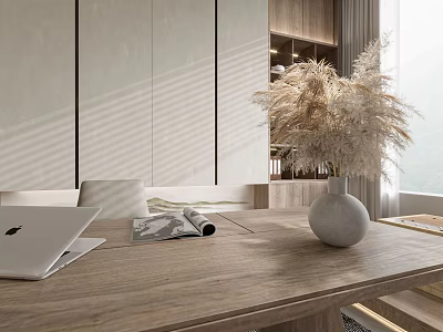 Modern Minimalist White Vase With Pampas Grass On Wooden Desk With Natural Light 3d model