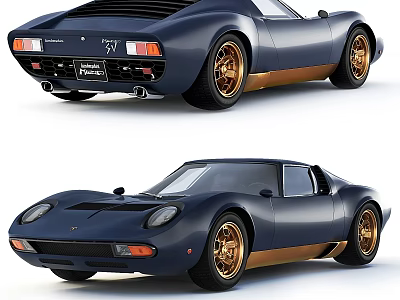 Dark Blue Vintage Sports Car With Gold Wheels And Sleek Retro Design 3d model