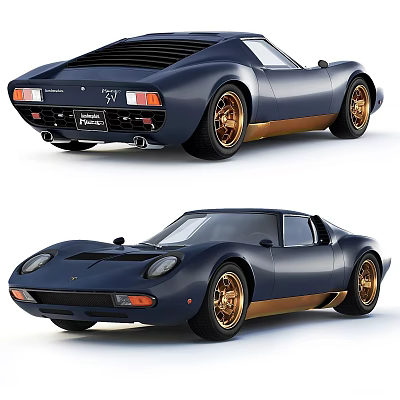 Dark Blue Vintage Sports Car With Gold Wheels And Sleek Retro Design 3d model
