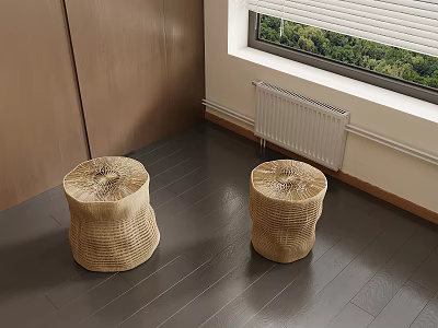 Two woven rattan round stools in modern indoor space with window greenery dark wooden floor 3d model