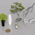 Decorative Ornament Set With Green Trees Natural Stones Chair Bench Round Mat And Cylindrical Ornaments