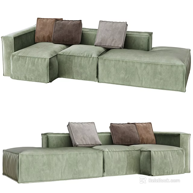 Multi Person Green Modular Sofa With Brown And Gray Cushions For Comfortable Seating 3d model