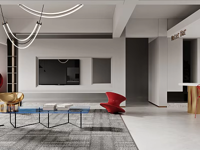Modern Living Dining Room Interior Design With Pendant Lights Red Chair And Gray Rug 3d model