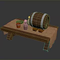 Wooden Bench With Cloth Featuring Wooden Barrel Silver Metal Hoops Small Bottles And Jar