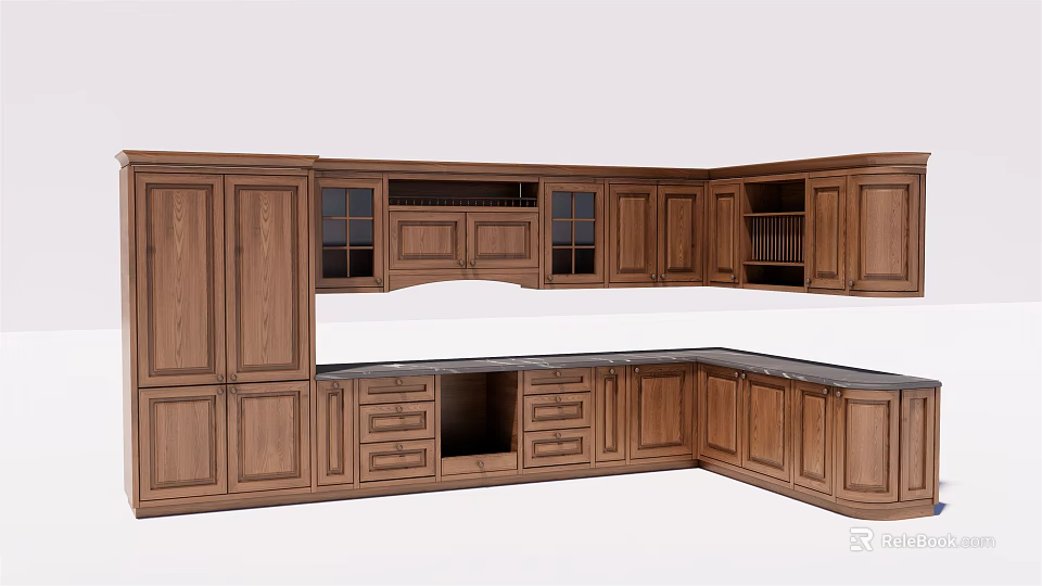 Classic Wooden Kitchen Corner Cabinets With Glass Doors And Drawers Design 3d model 