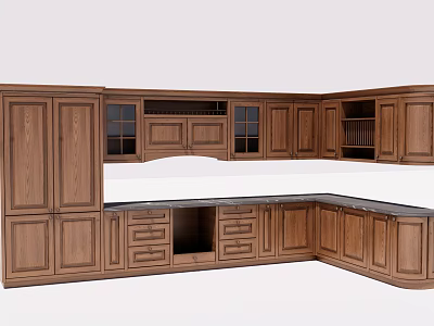 Classic Wooden Kitchen Corner Cabinets With Glass Doors And Drawers Design 3d model