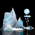 Snow Themed Photo Check-in Spot With Ice Mountains Snowflakes And Blue Signpost