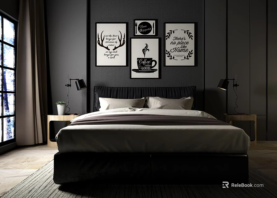 Modern Double Bed in Dark Wall Bedroom with Framed Artworks Bedside Tables and Lamps 3d model 