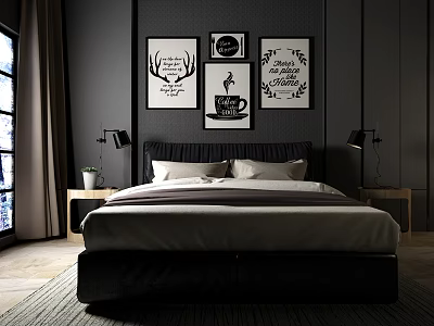 Modern Double Bed in Dark Wall Bedroom with Framed Artworks Bedside Tables and Lamps 3d model