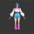 Stylish Game Movie Character With Blue Pink Hair White Top Blue Shorts And Pink Boots
