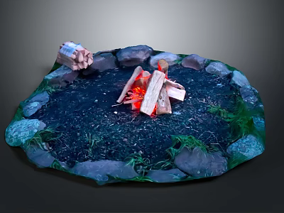 Outdoor Campfire Scene With Circular Stone Circle Small Cabin And Green Grass 3d model