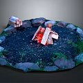 Outdoor Campfire Scene With Circular Stone Circle Small Cabin And Green Grass