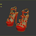 Red Strappy High Heels With Pearl Embellishments And Platform Stiletto Sole