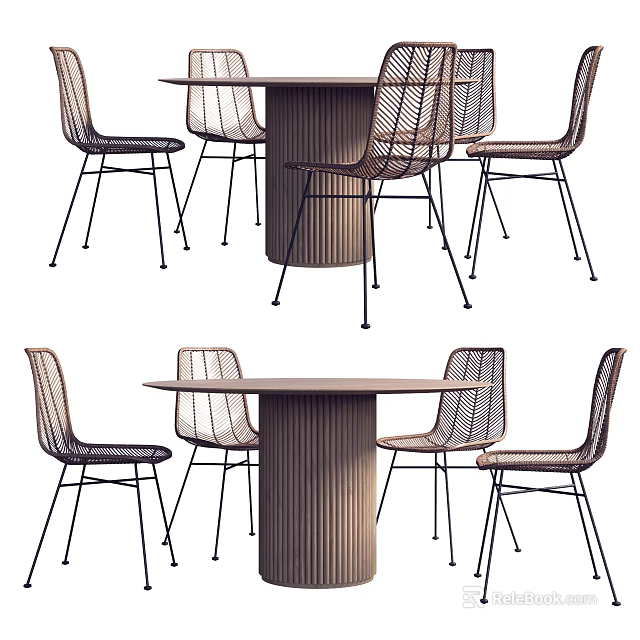 Modern Dining Table And Woven Chairs Set With Metal Legs Design 3d model 