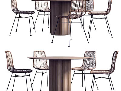 Modern Dining Table And Woven Chairs Set With Metal Legs Design 3d model