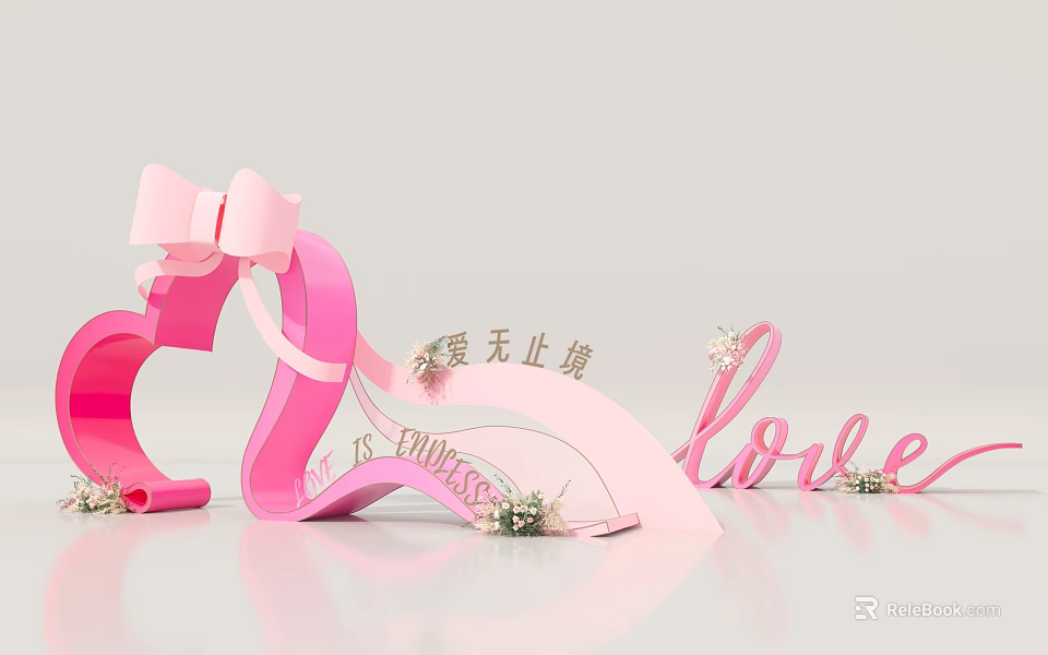 Pink Heart Shaped Event Entrance With Bow Endless Love Lettering And Flower Decorations 3d model 