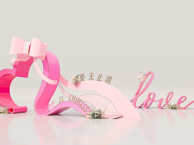 Pink Heart Shaped Event Entrance With Bow Endless Love Lettering And Flower Decorations 3d model