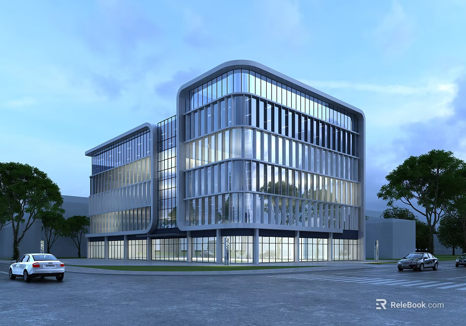 Modern Office Building Exterior Design With Glass Curtain Wall Trees And Parking Area 3d model 