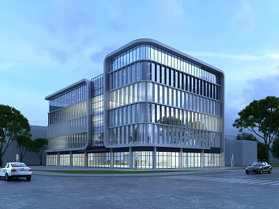 Modern Office Building Exterior Design With Glass Curtain Wall Trees And Parking Area 3d model