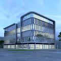 Modern Office Building Exterior Design With Glass Curtain Wall Trees And Parking Area