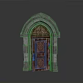Architectural Wooden Door With Arched Stone Frame And Intricate Carved Details