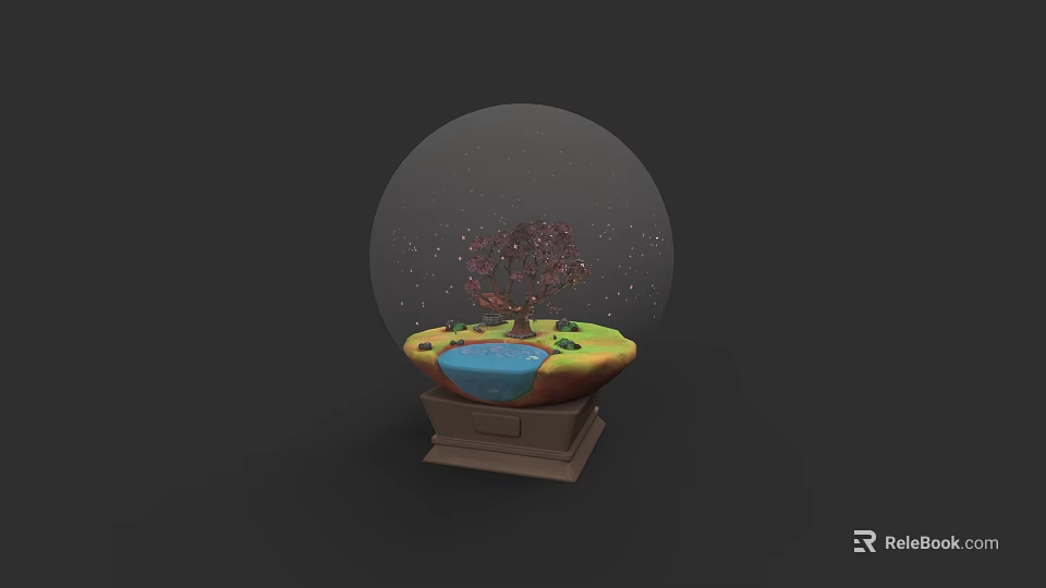Plant Painting In Glass Globe With Red Tree Small Pond And Wooden Base 3d model 