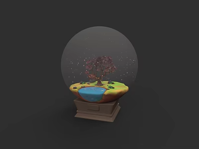 Plant Painting In Glass Globe With Red Tree Small Pond And Wooden Base 3d model