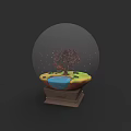 Plant Painting In Glass Globe With Red Tree Small Pond And Wooden Base