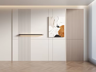 Modern Interior With Line Wall Shelf Abstract Art And Wooden Cabinet 3d model