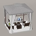 Outdoor Thatched Sunshade With White Curtains Sofa Coffee Table And Wooden Deck