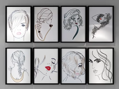 Stylish Female Line Art Portraits With Hairstyles Accessories And Wall Frames 3d model