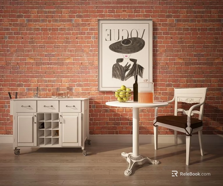 Stylish Round Table And Chair Set Against Red Brick Wall With VOGUE Poster 3d model 