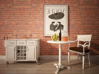 Stylish Round Table And Chair Set Against Red Brick Wall With VOGUE Poster 3d model