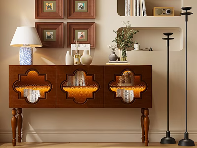 Wooden Entryway Console Cabinet With Carved Glass Doors Table Lamp And Wall Frames 3d model