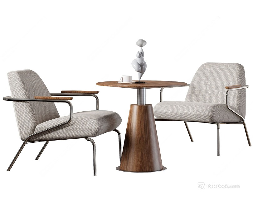 Modern Round Table with Light Gray Chairs Metal Frame Wooden Armrests and Cone Base Decor 3d model 