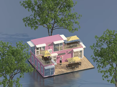 Pink Container House Design With Terrace Sunshades Surrounding Green Trees Outdoor Space 3d model