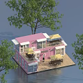 Pink Container House Design With Terrace Sunshades Surrounding Green Trees Outdoor Space