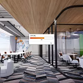 Public Office Space With Open Layout Wooden Ceiling Glass Partitions Green Wall And Colorful Carpet