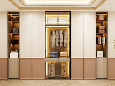 Modern Elegant Wardrobe Design With Glass Doors Hanging Clothes And Folded Shelves 3d model