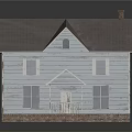 Light Blue Wooden House With Gray Roof Chimney And Porch White Railing Brick Base Windows