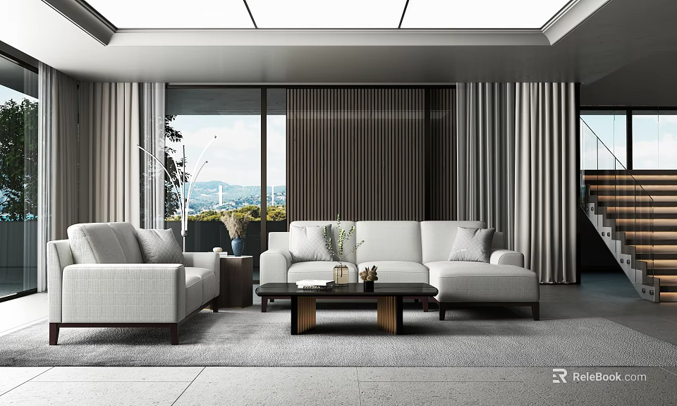 Modern Living Room Interior With Sofas Coffee Table And Large Windows 3d model