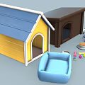 Colorful Dog Supplies Including Two Dog Houses Pet Beds Bowls And Toys