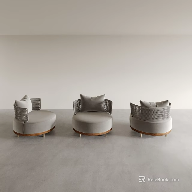 Three Gray Single Sofas with Round Woven Armrests Wooden Base Metal Legs in Minimalist Space 3d model 