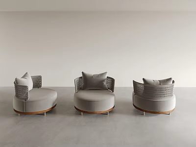 Three Gray Single Sofas with Round Woven Armrests Wooden Base Metal Legs in Minimalist Space 3d model