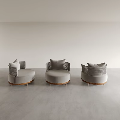 Three Gray Single Sofas with Round Woven Armrests Wooden Base Metal Legs in Minimalist Space 3d model