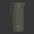 Green Trash Can With Red Strap And Vertical Stripes On Smooth Metallic Surface
