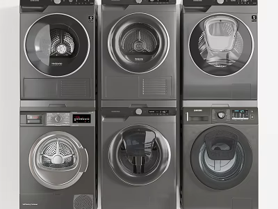 Various Front Loading Gray Washing Machines With Modern Control Panels 3d model